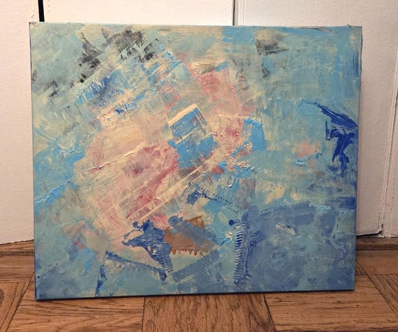 Original Acrylic Abstract Painting on stretched cotton canvas 20x24" Shades of blue, pink and white