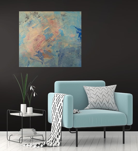 Original Acrylic Abstract Painting on stretched cotton canvas 20x24" Shades of blue, pink and white