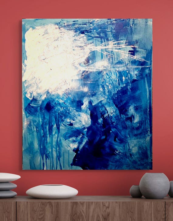 Original Abstract Painting 20x24" shades of blue with white