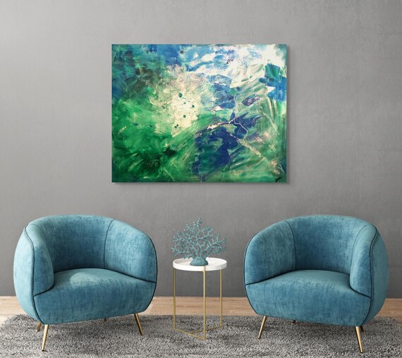 Original Abstract Painting  22x28 ,acrylic on stretched cotton canvas, vibrant blues and green