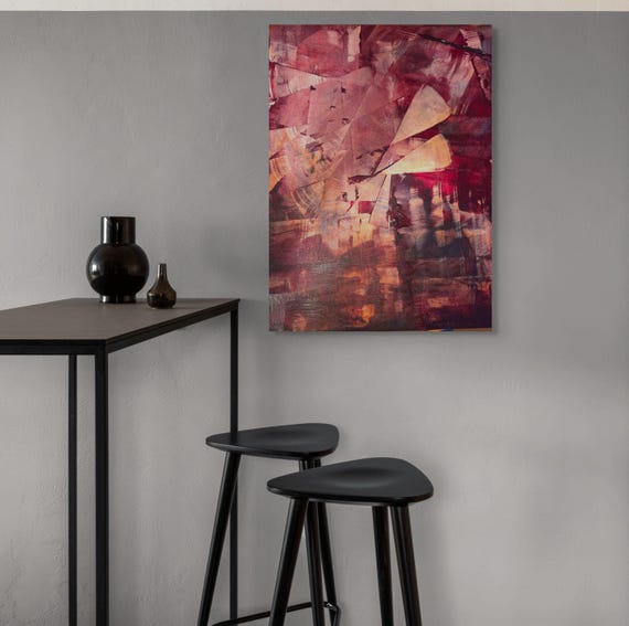 Original Abstract acrylic painting 20x24" vibrant shades of burgundy and maroon
