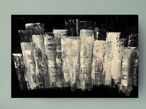 Original Abstract Hand Painted cityscape  16x20 silver and black TEXTURED