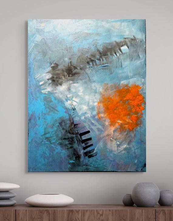 Original Abstract Art on canvas, 22x28,blue,orange,black