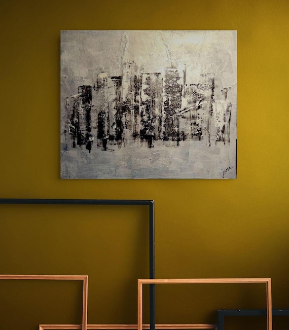 Original Abstract Cityscape Painting, Black and Silver Textured Wall Art, Hand Painted 16x20
