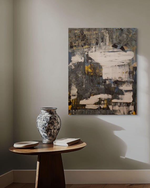 Original Abstract Acrylic Painting: Colorful , white grey yellow black  22x28