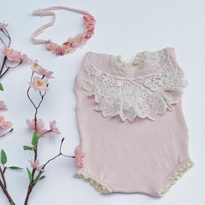 Pink Newborn Baby Girl Outfit with matching Headband, Newborn Lace Romper, Photography Props