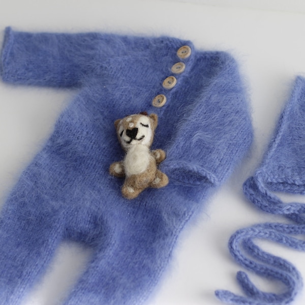 Newborn Blue Knit Footed Outfit with a matching bonnet and deer lovey, Angora Knit Props + Fawn Stuffy