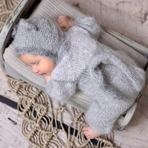 Grey Newborn Knit Outfit with a Matching Bonnet for Newborn Photographers, Gray Fuzzy Knit Romper