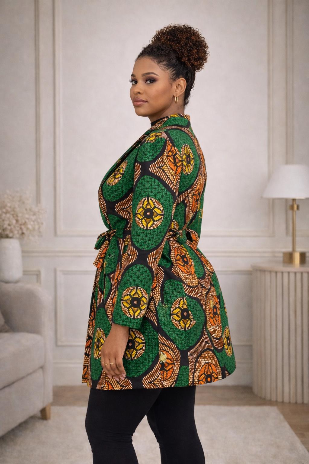 African Print Belted Blazer Jacket – Green & Orange Ankara Coat