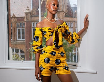 Yellow African Print Two-Piece Set | Off-Shoulder Crop Top & High-Waist Shorts |  Ankara Clothing