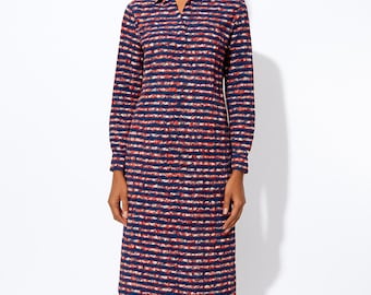 African Print Dress,  Classic Collared Shirt Dress, Elegant Long Sleeve Midi Dress, Navy Red Print, African Print Suit