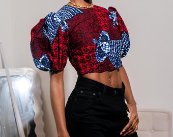 Ankara Puff Sleeve Crop Top – African Print Blouse, African Print Top