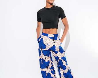 Ankara Wide Leg Trousers: Blue Leaf African Print High Waist Pants