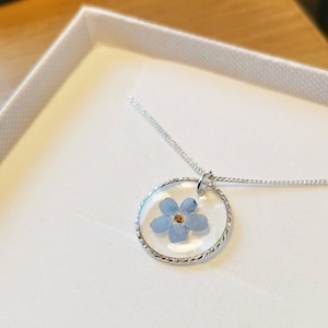 Christmas gift - Dainty Real forget me not  flower minimalist circle 18mm solid 925 silver pendant necklace on solid 925 silver chain.