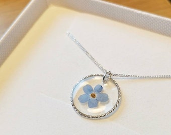 Christmas gift - Dainty Real forget me not  flower minimalist circle 18mm solid 925 silver pendant necklace on solid 925 silver chain.