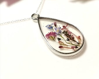 Personalised Yorkshire forget me nots, lilac Heather terrarium necklace on silver chain. Make a wish, memories necklace, valentines day