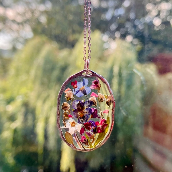 Real pressed flower necklace. Miniature forest garden jewellery , dried flowers preserved In silver with a silver chain.