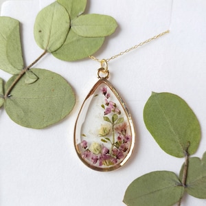 Personalised Yorkshire moors Heather & Gypsophila necklace on gold plated or 14k gold filled chain. Resin jewellery Christmas gift