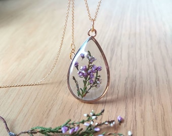 Personalised Yorkshire moors lilac Heather terrarium necklace on gold plated or 14k gold filled chain. Make a wish, mothers day