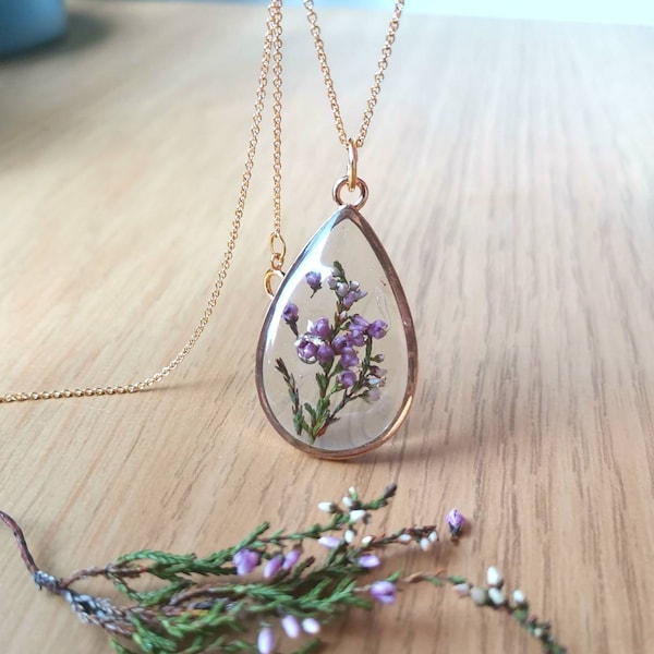 Personalised Yorkshire moors lilac Heather terrarium necklace on gold plated or 14k gold filled chain. Make a wish, mothers day