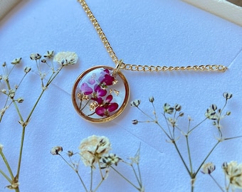 Purple alyssum flower and gold leaf flower minimalist circle 16mm gold plated pendant necklace on 14k gold fill chain, handmade