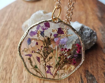 Yorkshire Heather flower botanical terrarium pendant necklace on a 20in gold plated or 14k gold filled chain. Organic, large circle.