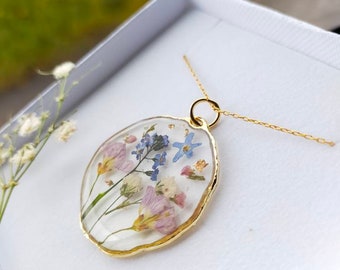 Botanical Terrarium Necklace, Pressed Wildflower Resin Pendant, Gold Filled Chain