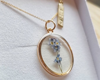 Forget me not necklace real flower resin pendant and personalised on gold plated or 14k gold filled chain. For memories, love, Christmas