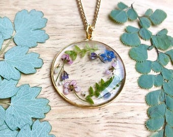 Personalized Pressed Flower Resin Necklace, Gold Filled Chain, Botanical Terrarium