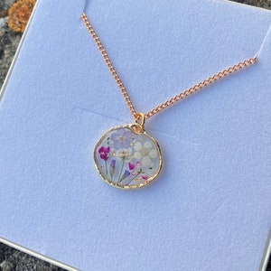 Pressed Tiny terrarium, garden real flower, dainty circle 17.5mm gold plated pendant necklace on 14k gold fill chain, personalised