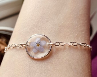 Forget me not real pressed flower solid silver 925 bracelet/ anklet-  solid silver chain, Christmas gift. - can be customised & personalised