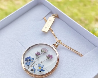 Personalised Real forget me not flower and pink gypsophila pendant necklace on gold plated or 14k gold filled chain. For memories, birthday