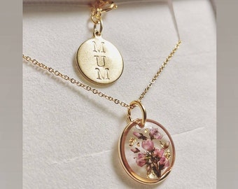 Pressed Mother’s Day real heather flower dainty circle 16mm gold plated pendant necklace on 14k gold fill chain, gift for mum, personalised