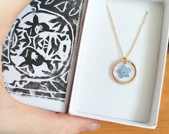 Forget Me Not Flower Necklace, 14k Gold Filled, Resin Circle Pendant