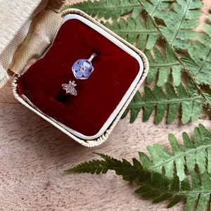 Puede incluir: Un anillo de plata con un delicado diseño de abeja y una flor azul encapsulada en resina. El anillo se muestra en una caja de anillo de terciopelo rojo.