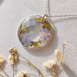 Forget me not, gypsophila, leaves, Heather real pressed flower solid silver 925 pendant necklace on solid silver chain, Christmas gift