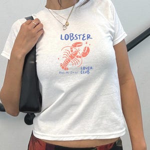 Retro Lobster Baby Tee, Coastal Summer Baby Tee Shirt, Coquette Baby Tee, Vintage Graphic Crop Top, Pinterest Aesthetic Coastal Grandma Top