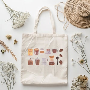 Sacola de café com aquarela, sacola para livros, sacola de compras para amantes de café, presente moderno, sacola de café gelado, sacola de compras para café gelado