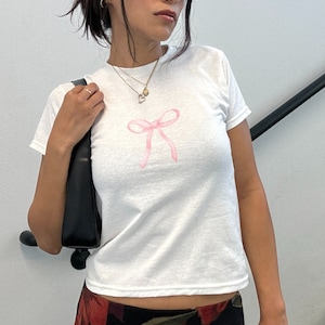 Coquette Pink Bow Baby Tee Cute Top Aesthetic Y2k Tshirt Trendy Bow Ribbon Cute Baby Tee Woman's Top Bow Print Baby Tee Bow Lover Gift
