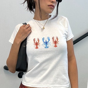 Vintage Crayfish Lobster Baby Tee, Coquette Baby Tee, Retro Top, Pinterest Aesthetic, 90s Tshirt, Y2K, Cocktail Seafood