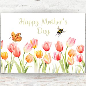 Happy Mother's Day Card, moeder verjaardag, Moederdag, gelukkige Moederdag kaart, tulp bloemen moederdag kaart, aquarel DIGITALE KAART