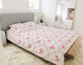 Coquette pink bow duvet cover, soft duvet cover aesthetic, pink bows bed cover, coquette bed cover