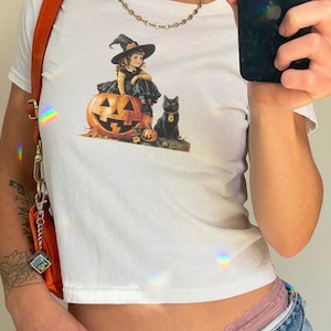 Halloween Baby T-Shirt Vintage schwarze Katze Baby T-Shirt Y2k Baby T-Shirt Kürbis Baby T-Shirt Spooky Saison Shirt Halloween Shirt Geist Shirt Kürbis Shirt