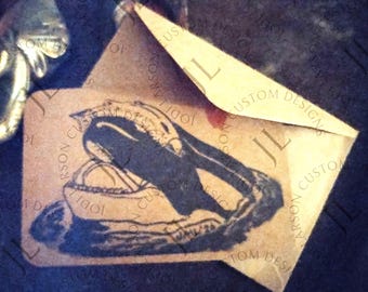 Orca Wearing Salmon Hat with Hearts stamp rustic Handmade Card with Envelope