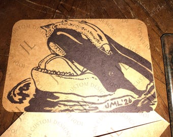 Orca Wearing a Salmon Hat stamp rustic Handmade Card with Envelope 4"X6"