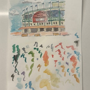 Wrigley Field, acquerello, Chicago Cubs, opera d’arte originale, arte dipinta a mano