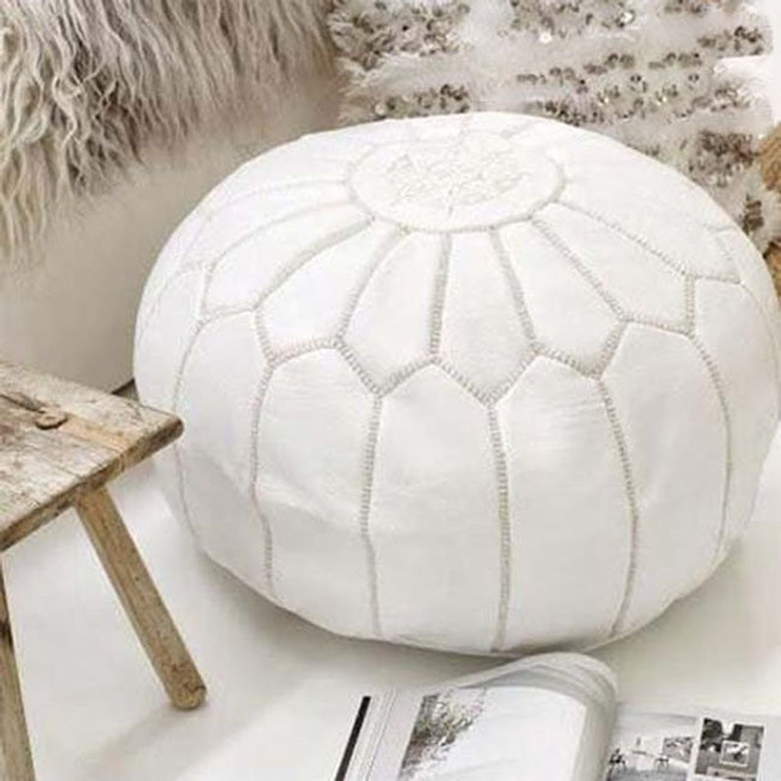 White Pouf Leather Pouf Pouffe Moroccan Pouf Handmade Etsy