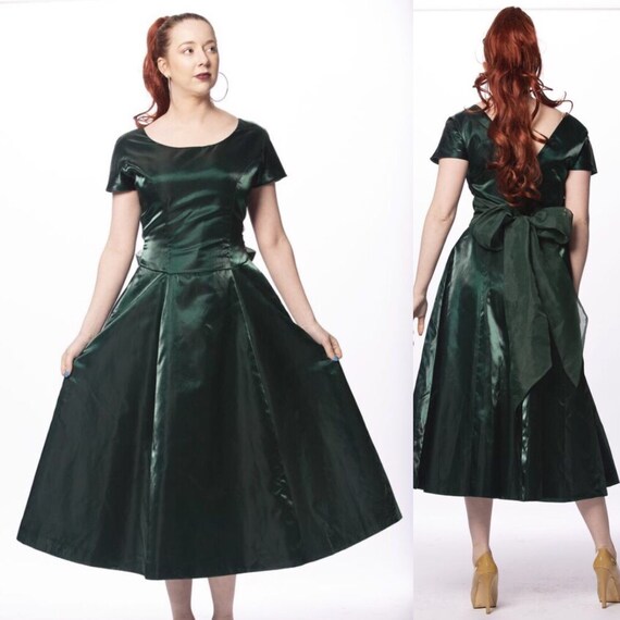 80s Vintage Irredescent Dark Green A Line Tea Length Dress Etsy