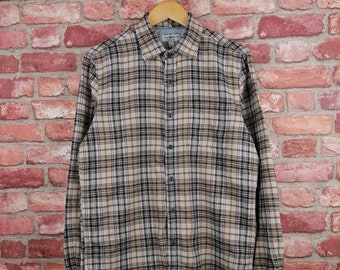 Vintage Brown Check Plaid Flannel Shirt, Western Country Cowboy Check Shirt, Unisex Tartan Shirt, Button Down Checkered Work Shirt Shacket