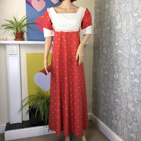 Vintage 90s Autumnal Red Ditsy Floral Sheer Dress Lovelygirl High Neckline Dress